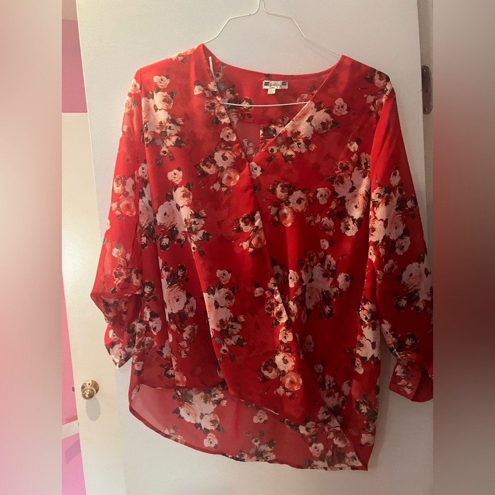 Kut From The Kloth Size Large Floral Red Women's Long Sleeve Top